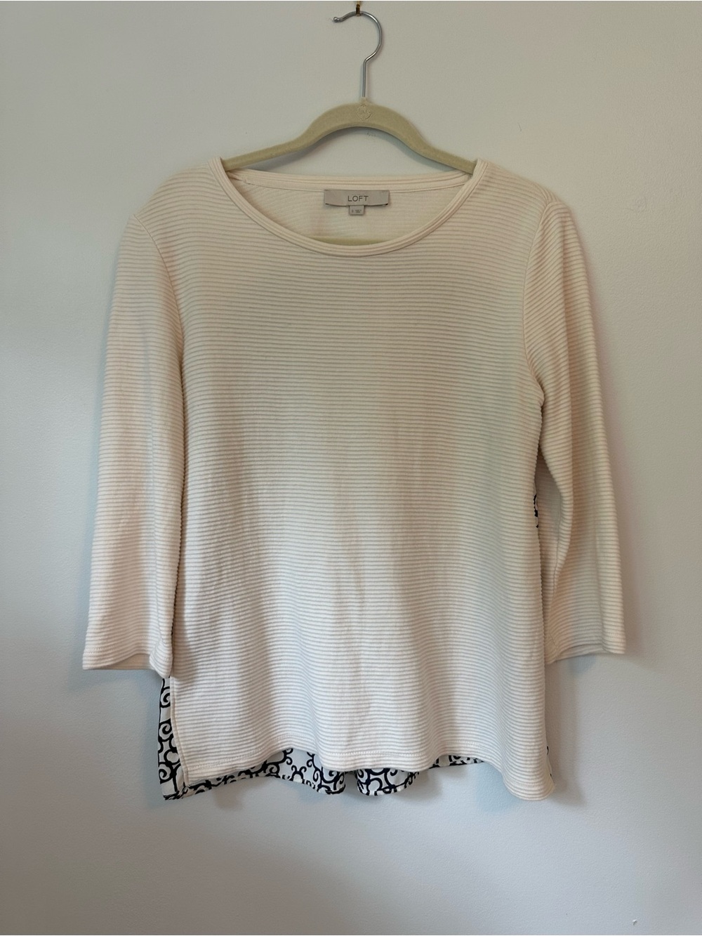 LOFT Cream Ribbed Layered-Hem Top with patterned back